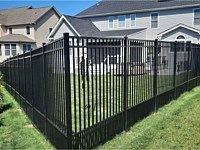 <b>6' high Alumi-Guard Standard Black Commercial Grade Ascot Puppy Picket Aluminum Fence with Flush Bottom - Corner shot</b>